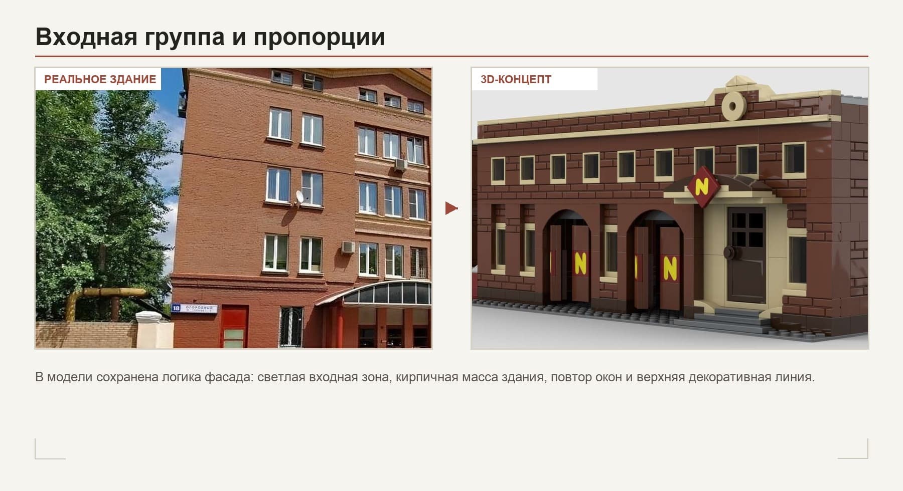 Сравнение входной группы реального здания и 3D-концепта